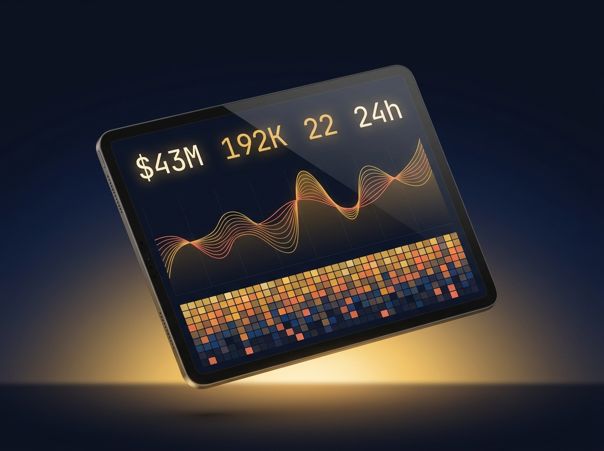 Daawn dashboard on an iPad: KPI tiles, weekly trend, and a 22-metric heatmap grid in one view.
